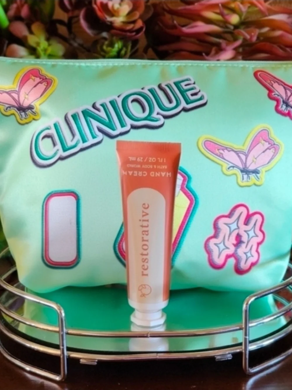 Clinique Mint Green Cosmetic Pouch with Colorful Patches & Hand Cream